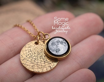 Collar personalizado de fase lunar y mapa de estrellas por fecha, regalo del día de la madre para mamá, regalo de cumpleaños para hija, joyería personalizada de luna de nacimiento, A