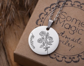 Birth Flower Necklace - Gift for Mom - Mothers Day Gift - Name Necklace - Personalized Jewelry - Mom Birthday Gift - Grandma Gift