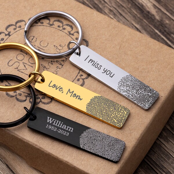 Print Key Rings Custom Round Engraved Double Fingerprint Keychain Necklace Double Sided ...