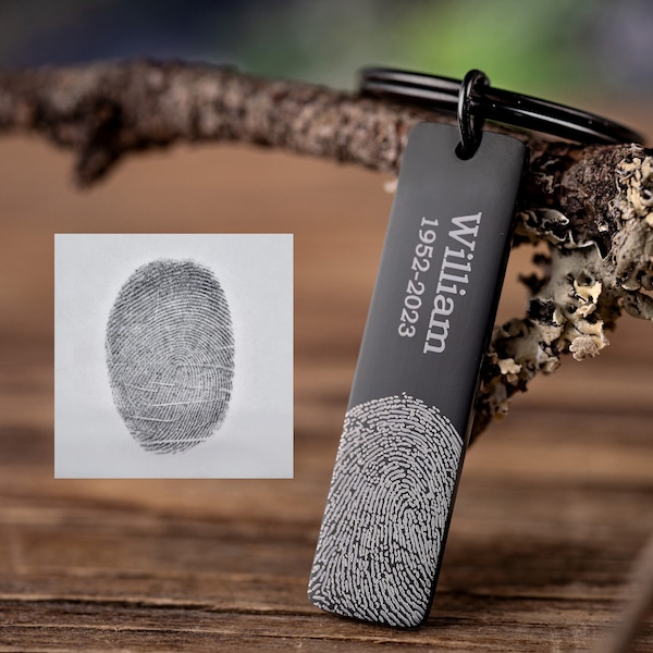 Actual Fingerprint Memorial Keychain, Laser Engraved Custom Keyring, Loss Of Mother Father, Personalized Gift For Him, For Men