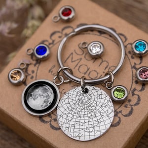 Carte des étoiles + phase de la lune + porte-clés pierre de naissance, carte des étoiles par date, porte-clés personnalisé phase de la lune, cadeau d'anniversaire personnalisé gravé pour femme RP.1