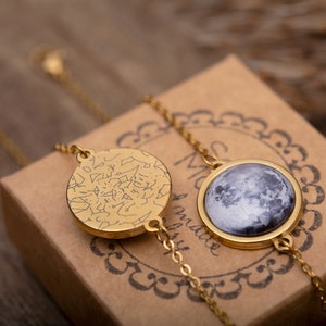Bracciale con fasi lunari e mappa stellare, fasi lunari personalizzate, mappa stellare incisa per data, regalo di compleanno personalizzato per donna, regalo di anniversario, AP.1