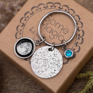 Phase de lune + carte des étoiles + pierre de naissance, carte des étoiles par date, porte-clés personnalisé phase de la lune, cadeau d'anniversaire personnalisé gravé pour femme RP.1