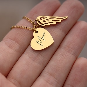 Collar conmemorativo de corazón con alas, regalo para la pérdida de una madre, collar con alas de ángel, regalos de recuerdo, regalo personalizado de condolencia por el duelo, KP.2