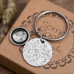 Sternenkarte und Mondphase Schlüsselbund, Sternenkarte nach Datum, personalisiertes Geburtstagsgeschenk für Männer, Jahrestag, RP.2