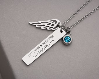 Personalized Monogram Necklaces Birthstone Pendant Mothers Unique Memorial Jewelry Bereavement Gift Loss of a Loved One Wing Necklace