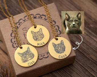 Pet Portrait Necklace - Custom Cat Portrait - Personalized Pet Jewelry for Cat Mom - Engraved Portrait from Photo - Pet Memorial Jewelry