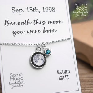 Custom Moon Phase And Birthstone Necklace, Custom Birth Moon Phase By Date, Engraved Jewelry, Personalized Birthday Gift For Women For Her
