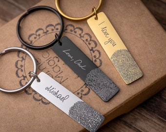 Actual Fingerprint And Handwritten Message Keyring, Memorial Gift, Laser Engraved Custom Keychain, Personalized Long Distance Gift For Him