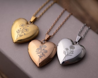 Heart Locket Necklace With Photos, Birth Flower Necklace, Custom Daughter Mother Sister Gift, Personalized Name Necklace, Gold Photo Locket