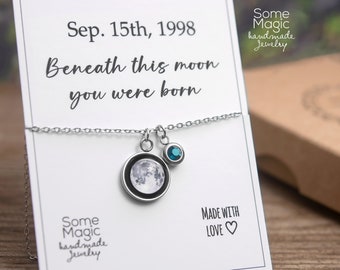 Custom Moon Phase And Birthstone Necklace, Custom Birth Moon Phase By Date, Engraved Jewelry, Personalized Birthday Gift For Women For Her