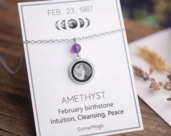 Custom Moon & Birthstone Necklace For Women, Birth Moon Phase, Personalized Jewelry Gift, Birthday Gift For Her, Crystal Gemstone Stone Yoga