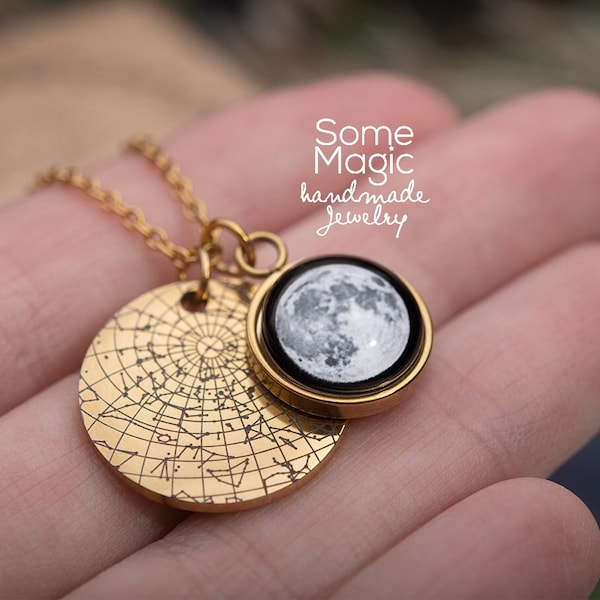 Collier personnalisé phases de lune et carte des étoiles par date, cadeau fête des mères pour maman, cadeau d'anniversaire pour fille, bijoux lune de naissance personnalisés, A