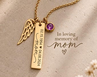 Loss of Mom Keepsake Necklace for Daughter, Bereavement Gift, Personalized Pendant with Wing and Birthstone, Custom Memorial Jewelry, S-050