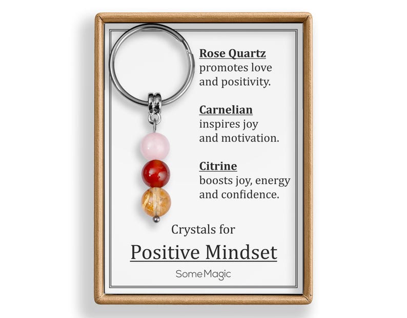 May include: A keychain with a silver ring and three gemstone beads: rose quartz, carnelian, and citrine. The card reads "Crystals for Positive Mindset" and lists the benefits of each crystal. The keychain is in a wooden frame.