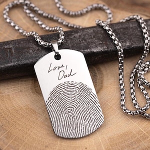 Actual Fingerprint Necklace For Him, Custom Memorial Pendant For Men, Personalized Grief Gift With Handwriting, Loss Of Father Keepsake, C.2