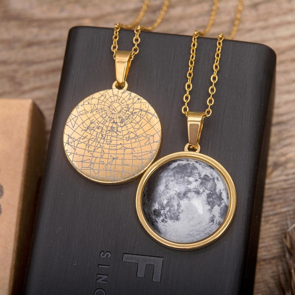 Colar personalizado com mapa estelar e fases da lua, joia para presente de aniversário para mulheres, presente de aniversário de casamento para ela, pingente gravado em prata ou ouro, S-073