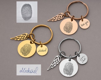 Actual Fingerprint And Handwriting Keychain With Angel Wing, Laser Engraved Custom Keychain, Loss Of A Loved One, Personalized Memorial Gift