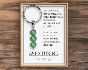 Chaveiro de Aventurina - Chaveiro de Cristal Mineral Verde com Cartão Explicativo e Caixa de Presente, Presente para Sorte, Otimismo e Confiança, S-235