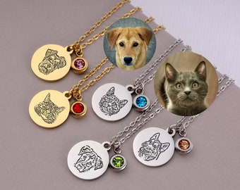 Custom Engraved Pet Portrait Necklace, Dog or Cat Owner Gift, Personalized Portrait, Birthstone Jewelry, Pet Lover Gift, Pet Loss Gift