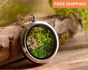 Moss necklace, birthday gift for her, gift for women, terrarium necklace, nature necklace, silver plated necklace, green jewelry