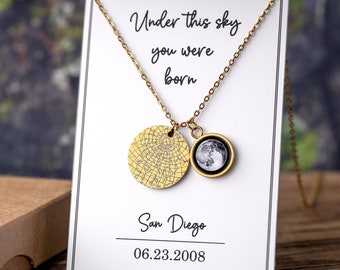 Moon Phase + Star Map Necklace, Unique Star Map By Date, Custom Birth Moon Phase By Date, Engraved Jewelry Gift, Personalized Birthday Gift