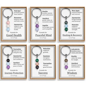 May include: Keychains with crystal beads in various colors, each with a different purpose. The keychains are displayed on cards with text describing the crystals' benefits, such as "Good Health" and "Journey Protection."