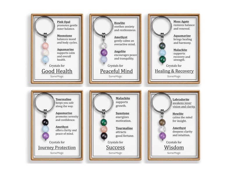 May include: Keychains with crystal beads in various colors, each with a different purpose. The keychains are displayed on cards with text describing the crystals' benefits, such as "Good Health" and "Journey Protection."