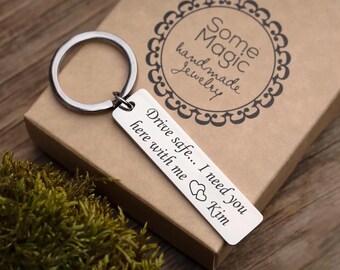 Portachiavi Personalizzato 'Drive Safe' In Acciaio Inox, Regalo Per Fidanzato, Marito, Coppie, Compleanno E Anniversario
