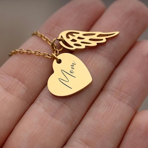 Collana commemorativa a forma di cuore con testo personalizzato e ala d'angelo, regalo per ricordare la perdita della madre, regalo personalizzato per il lutto, S-250