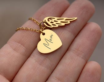 Collana commemorativa a forma di cuore con testo personalizzato e ala d'angelo, regalo per ricordare la perdita della madre, regalo personalizzato per il lutto, S-250