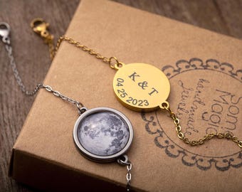 Custom Moon Phase Bracelet with Date and Initial Engraved on Back, Personalized Birthday or Anniversary Jewelry Gift for Her, S-065