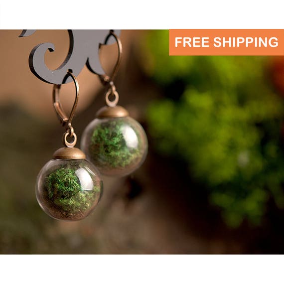 Terrarium Earrings Nature Inspired Earrings Dandelion Real Moss Earrings Green orb Earrings Woodland Resin Moss,Botanical Earrings,Gift for