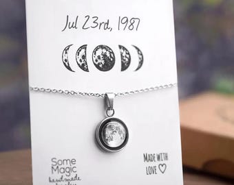 Custom Moon Phase Necklace, Personalized Jewelry, Birthday Gift for Women, Engraved Anniversary Gift for Her, Gift for Mom, S-001