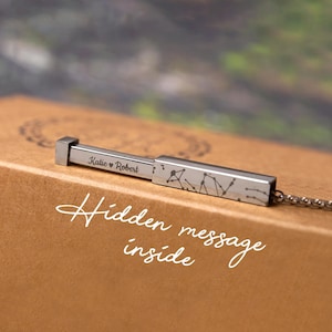 Star Map Necklace with Hidden Message Inside, Custom Engraved Night Sky Vertical Bar Pendant, Personalized Jewelry Gift, S-126