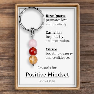 Positive Mindset Gemstone Set Keychain - Genuine Crystal Keyring with Rose Quartz, Carnelian & Citrine, Gift Box and Meaning Card