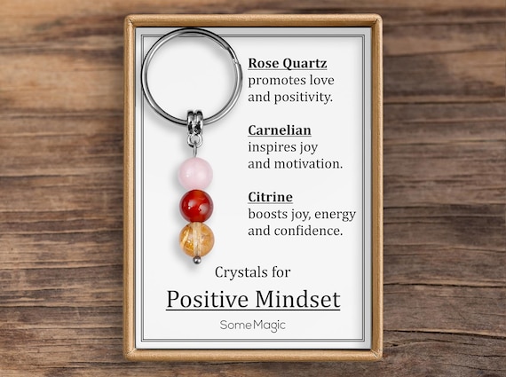 Positive Mindset Gemstone Set Keychain - Mineral Crystal Keyring with Rose Quartz, Carnelian & Citrine, Comes with Stone Meaning Card, S-234