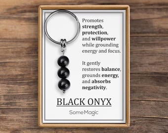Black Onyx Gemstone Keychain - Genuine Mineral Crystal Keyring with Meaning Card, Strength, Protection & Willpower Gift, S-235
