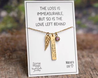 Collares con monograma personalizados, colgante de piedra de nacimiento, joyería conmemorativa única para madres, regalo de duelo por la pérdida de un ser querido, collar con alas, S-050
