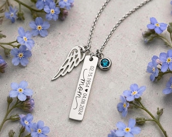 Mom Memorial Necklace, Loss of Mother Sympathy Gift, Personalized Remembrance Jewelry with Angel Wing Birthstone, S-050