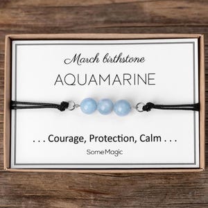 Pulsera de piedra natal de marzo: pulsera de cordón ajustable con aguamarina, un regalo de cristal natural para la valentía, la calma y la protección. BGM