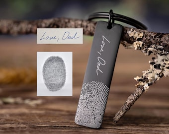 Fingerprint and Handwriting Memorial Keychain, Engraved Custom Signature Keyring with Thumbprint, Personalized Inscription Grief Gift, S-033