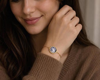Personalized Moon Phase Bracelet, Custom Date & Initial Engraving on Back Side, Birthday Gift for Her, Anniversary Keepsake for Women, S-065