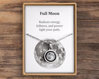 Full Moon or Any Moon Phase Necklace with Card - Ready to Give Personalized Lunar Pendant with Engraving and Adjustable Chain, S-233