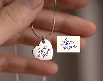 Personalized Handwriting Necklace, Custom Handwritten Message Heart Shaped Pendant, Memorial Jewelry for Her, Mom Keepsake Gift, S-098