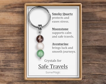Safe Travels Gemstone Set Keychain - Genuine Crystal Keyring with Smoky Quartz, Moonstone & Aventurine, Stone Meaning Card, S-234
