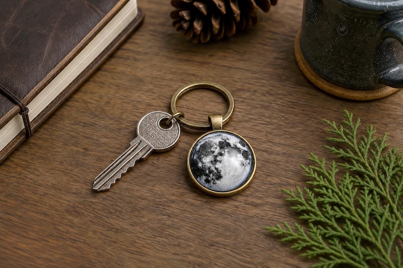 May include: A key and a keychain with a round pendant featuring a detailed image of the moon. The keychain has a brass-colored ring and frame. The key is silver. The items are on a wooden surface.