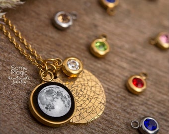 Birthstone, Star Map And Moon Phase Necklace, Star Map By Date, Custom Moon Phase, Engraved Jewelry, Personalized Birthday Gift For Women B