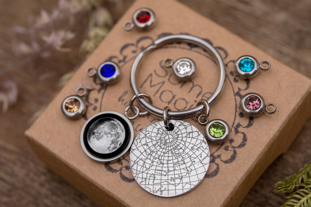 Star Map and Moon Phase Keychain With Birthstone, Special Date ...