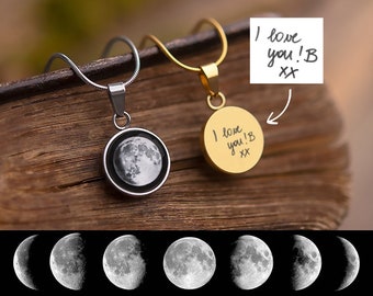 Moon Phase & Handwritten Message Necklace, Custom Engraved Handwriting Jewelry Personalized Birthday Gift For Her, Mother's Day Gift For Mom